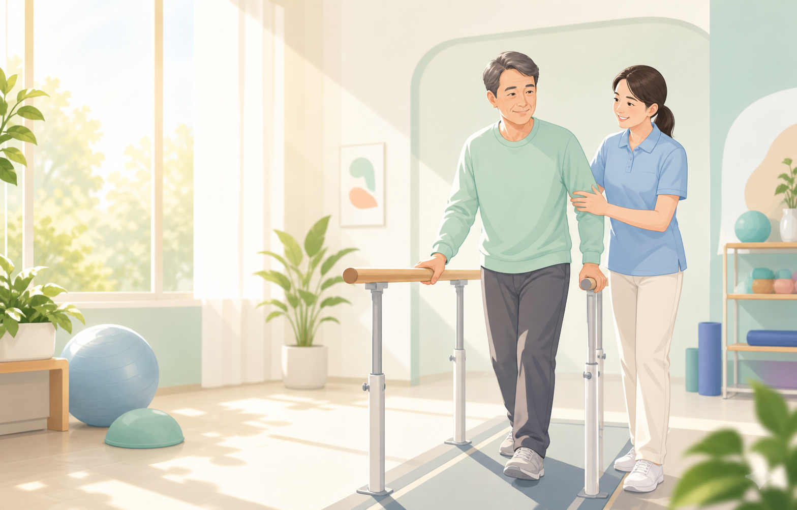 뇌 회복 재활 운동을 하는 환자와 치료사 삽화